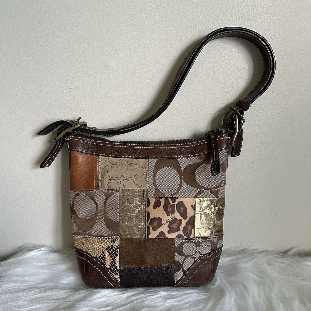 Coach Vintage Patchwork Animal Print Brown Canvas Leather Hobo Bag Excellent - Picture 1 of 8